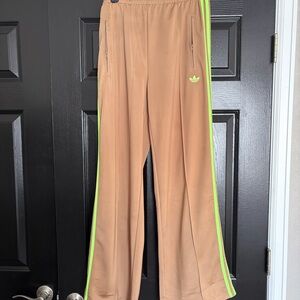 Adidas Firebird Loose track pants Tan with Neon Green Stripes